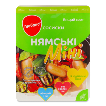 Сосиски Нямські з курячим філе міні в/ґ 350г Глобино Україна 8/8578 фото