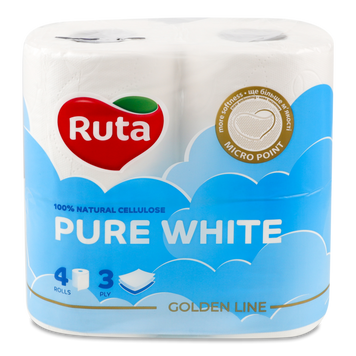 Туалетний папір 3-шаровий Pure White білий 4шт РУТА 05/27523 фото