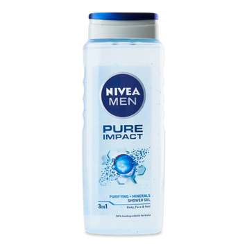Гель для душу чоловічий Pure Impact 3в1 500мл NIVEA 80893 07/17916 фото