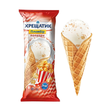 Морозиво Пломбір Попкорн-солона карамель ріжок 90г Хрещатик 2/10295 фото