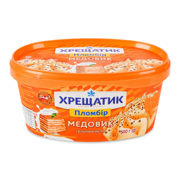 Морозиво пломбір Хрещатик Медовик 15% лоток 500г 2/8883 фото