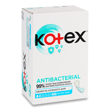 Прокладки щоденні жіночі гігієничні Антибактеріальні 40 шт KOTEX 06/897 фото